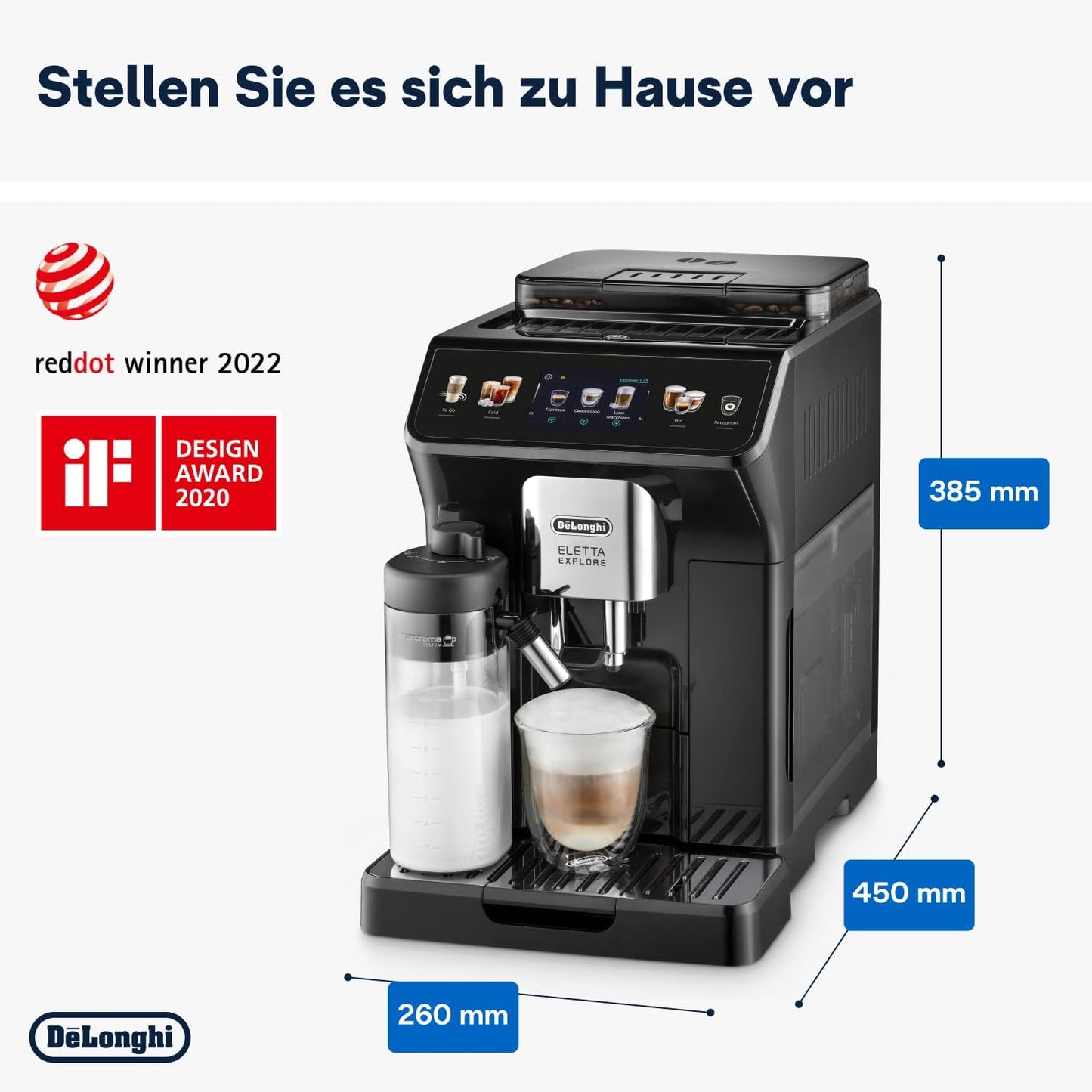 De'Longhi Eletta Explore Kaffeevollautomat mit LatteCrema Milchsystem Dark Grey (ECAM452.57.G)