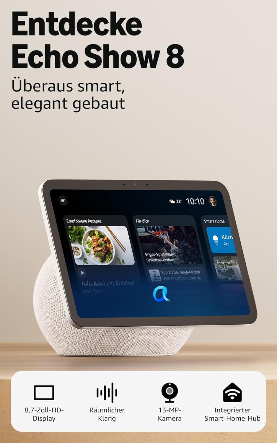 Amazon Echo Show 8 (3. Gen.) Smart Display 8" mit Alexa & Spatial Audio Glacier White
