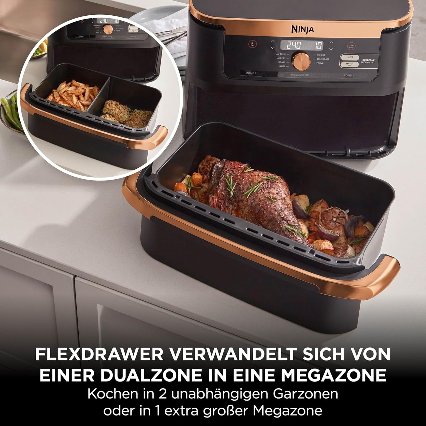 Ninja Foodi FlexDrawer Heißluftfritteuse 10,4L mit FlexDrawer Schwarz/Kupfer (AF500EUCP)