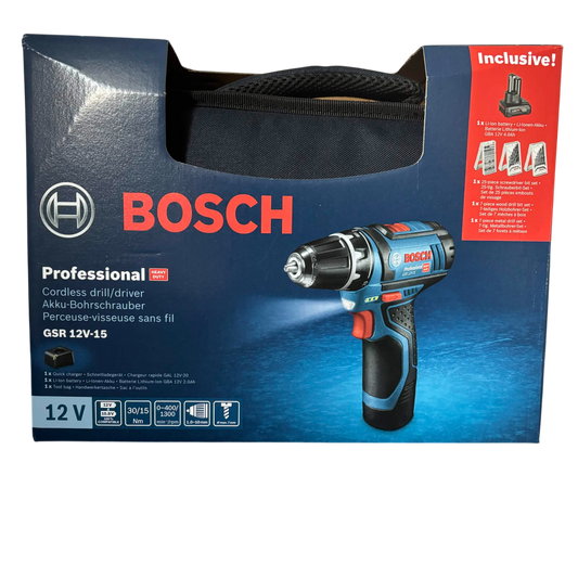Bosch Professional Akku-Bohrschrauber GSR 12V-15 Set inkl. 2 Akkus & 39-tlg. Zubehör