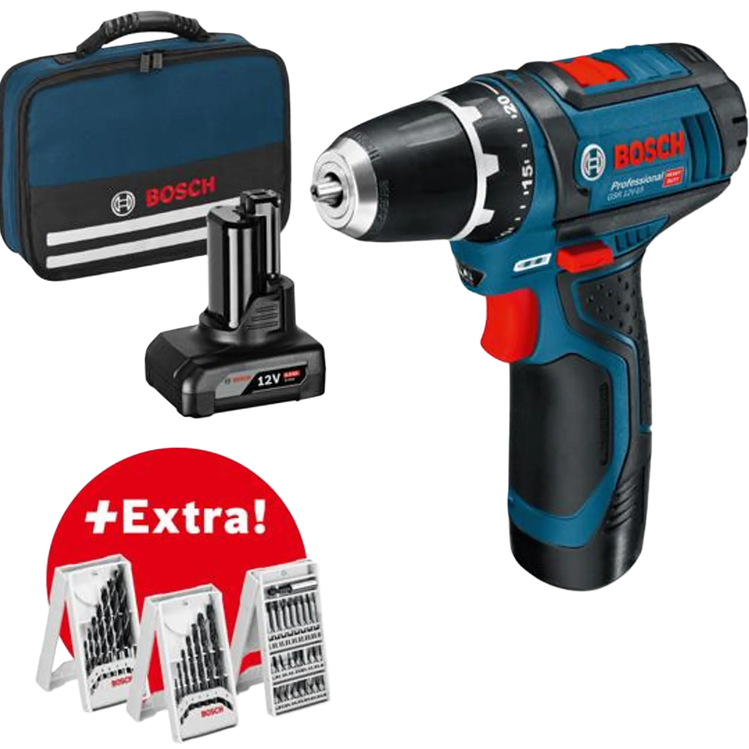 Bosch Professional Akku-Bohrschrauber GSR 12V-15 Set inkl. 2 Akkus & 39-tlg. Zubehör