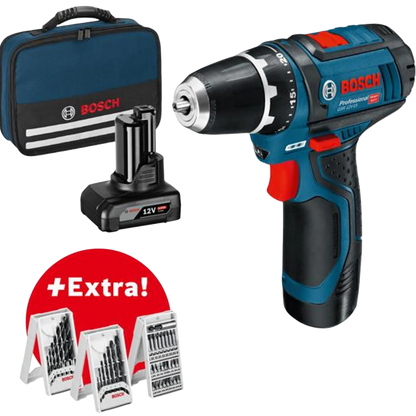 Bosch Professional Akku-Bohrschrauber GSR 12V-15 Set inkl. 2 Akkus & 39-tlg. Zubehör