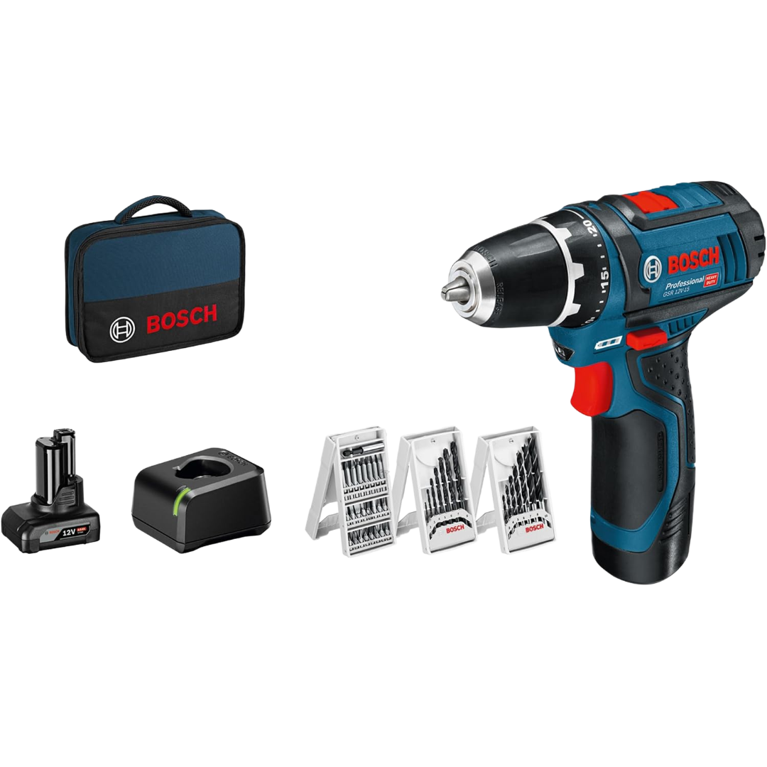 Bosch Professional Akku-Bohrschrauber GSR 12V-15 Set inkl. 2 Akkus & 39-tlg. Zubehör