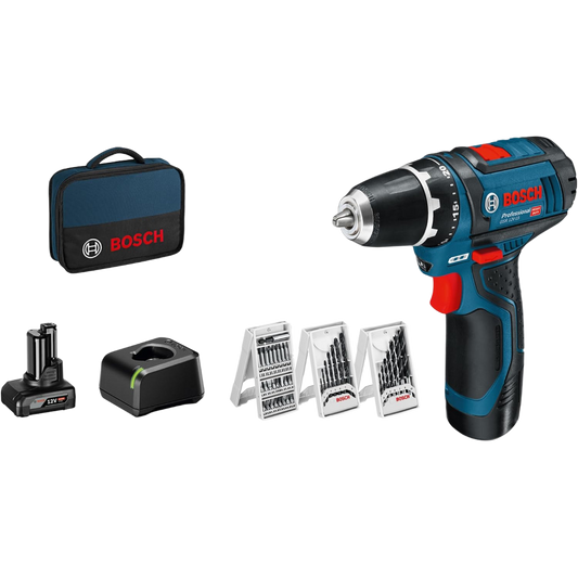 Bosch Professional Akku-Bohrschrauber GSR 12V-15 Set inkl. 2 Akkus & 39-tlg. Zubehör